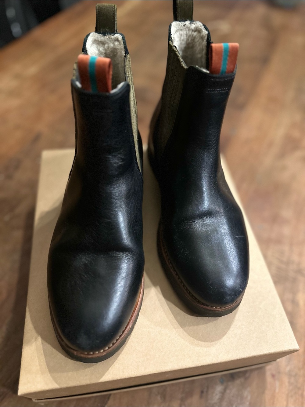 Penelope Chilvers Black Leather Chelsea Boots with Orange & Teal Pull Tabs